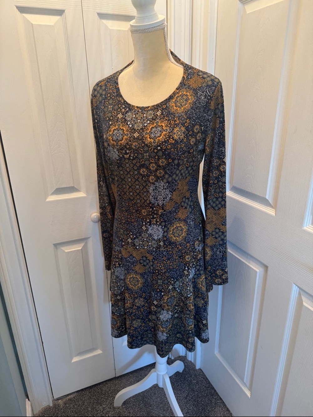 Michael Kors Navy Long Sleeve Floral Medallion Fit-and-Flare Dress